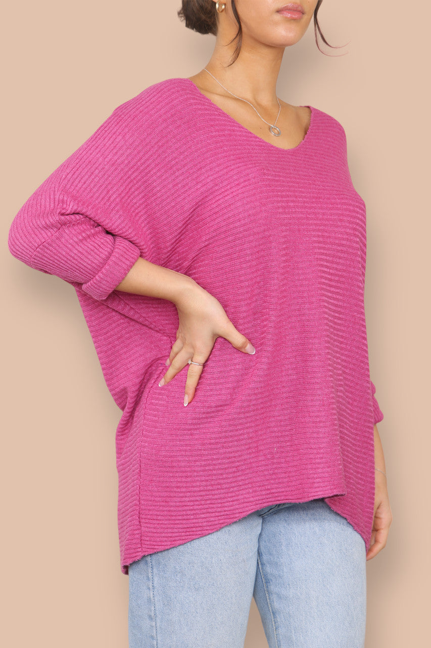 V-NECK RIBBED KNIT JUMPER CERISE