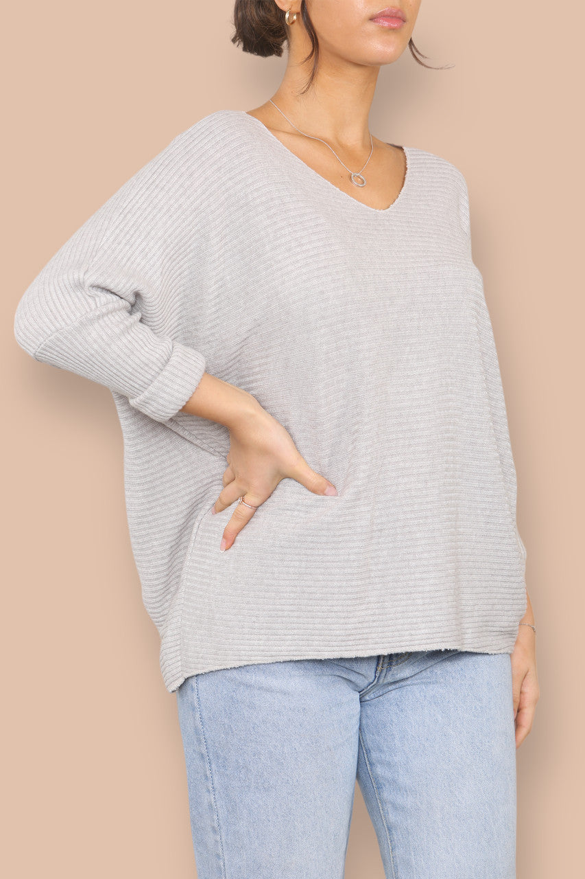 V-NECK RIBBED KNIT JUMPER STONE