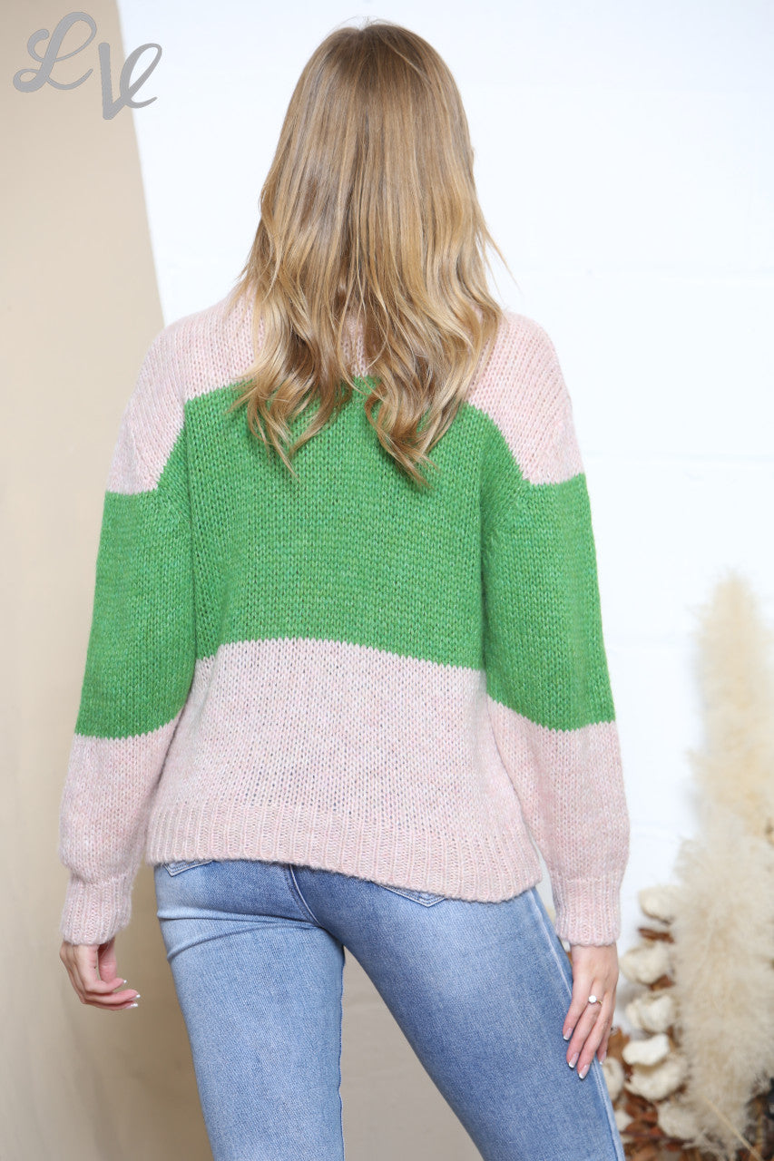 Ladies Knitted Colour Block Jumper Pink/Green