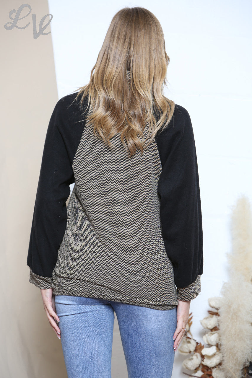 Ladies Cowl Neck Herringbone Print Jumper With Fleece Sleeves Stone