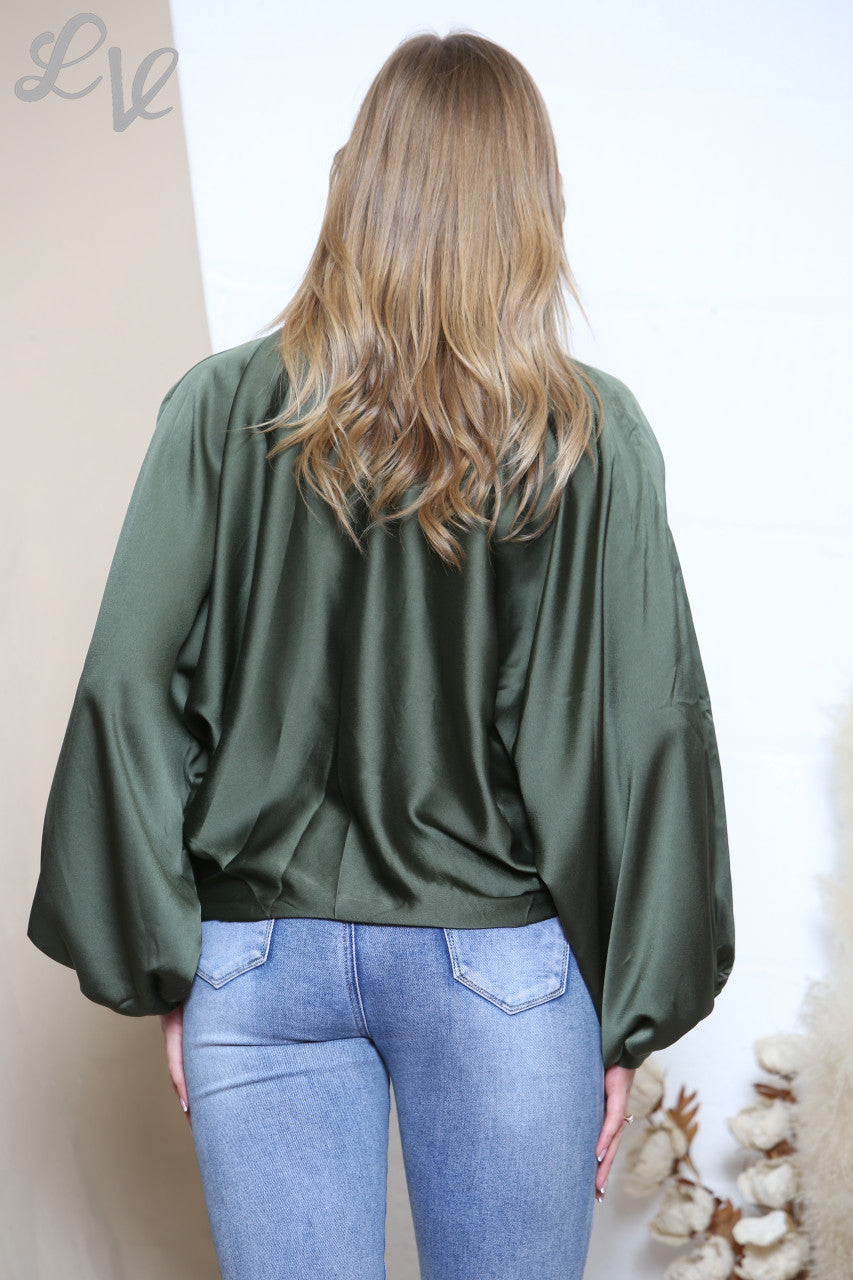 Dames Blouse met Vlermuismouw en Strikdetail Khaki