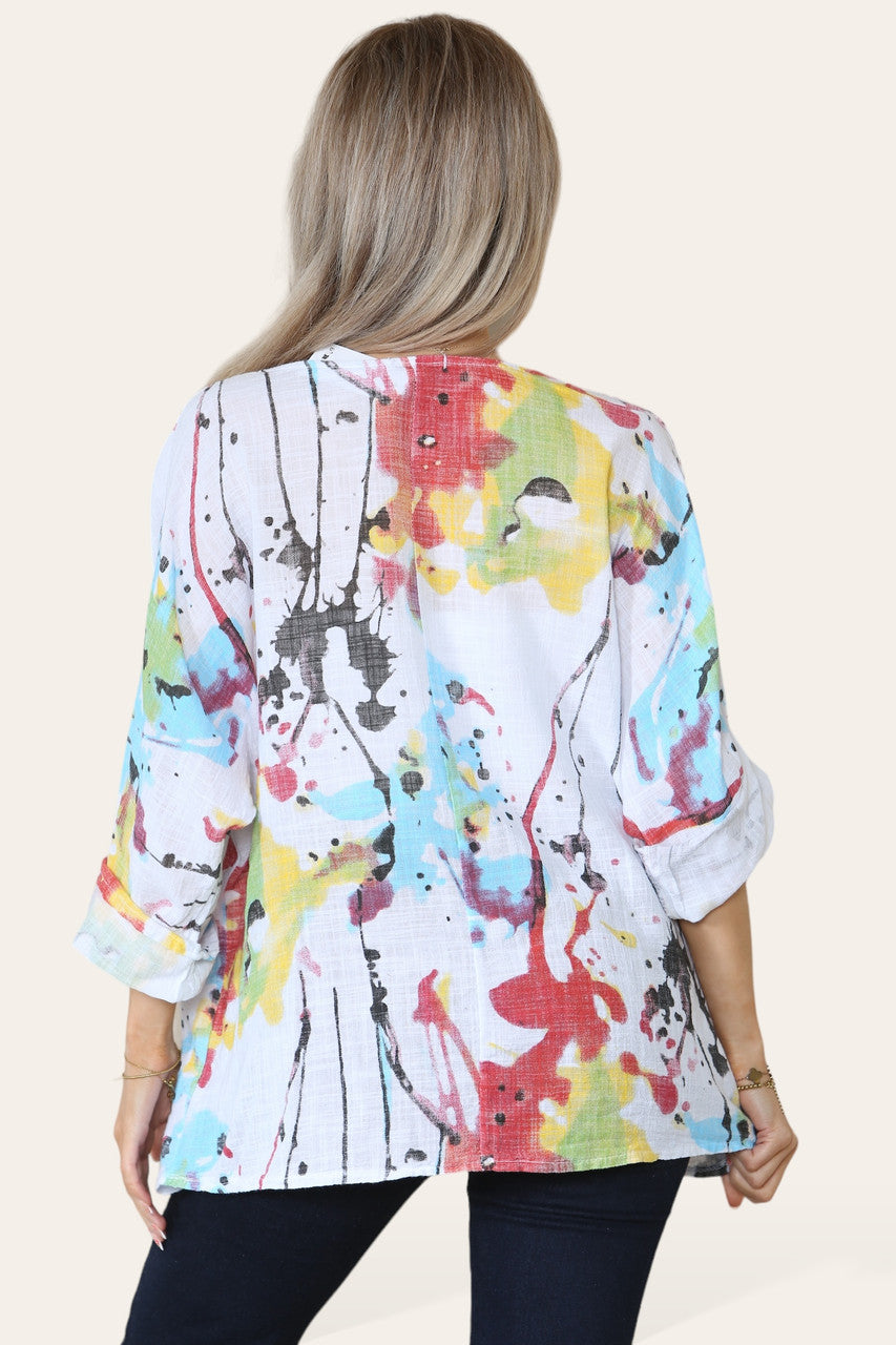 TOP MET VERFVLEKKENPRINT WIT
