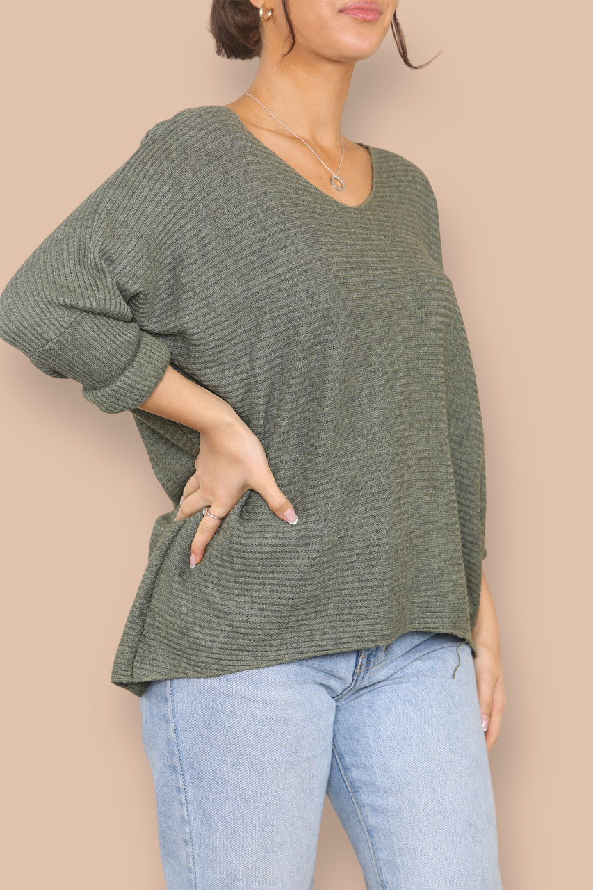 V-NECK RIBBED KNIT JUMPER KHAKI