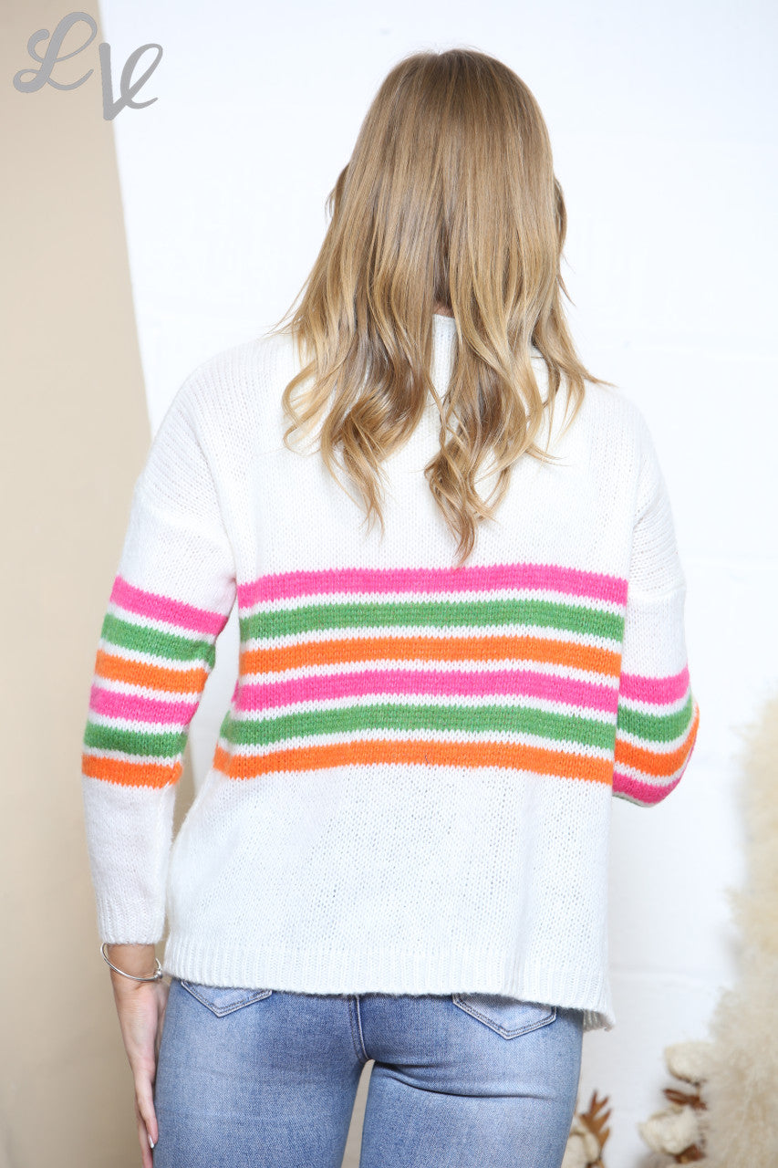 Dames gebreid vest met kleurstrepen - Crème