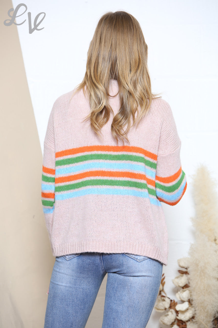 Dames Gebreid Vest met Kleurstrepen Stoffig Roze