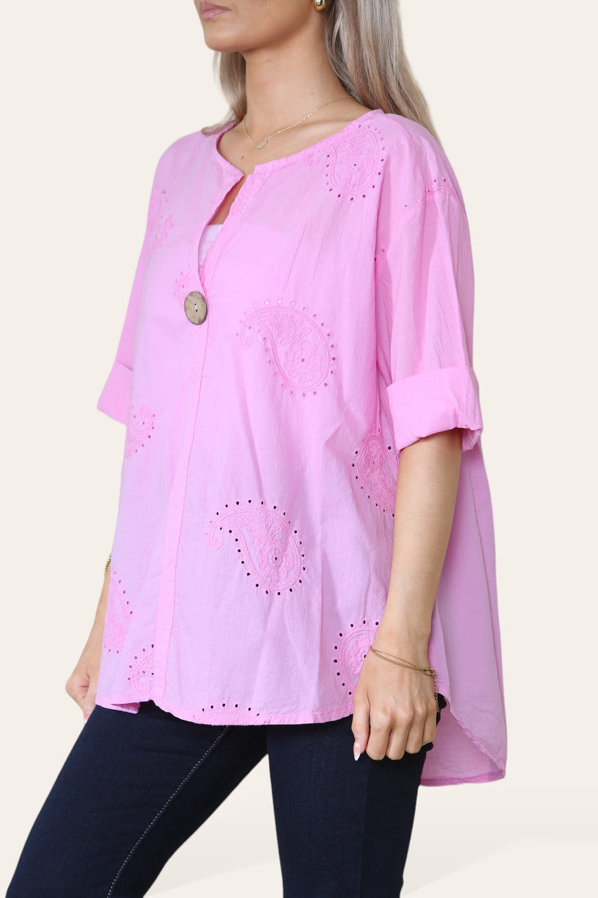 Kopie van PAISLEY GEBORDUURDE OVERHEMD MET GRANDADKRAAG EN KNOPENROK ROZE