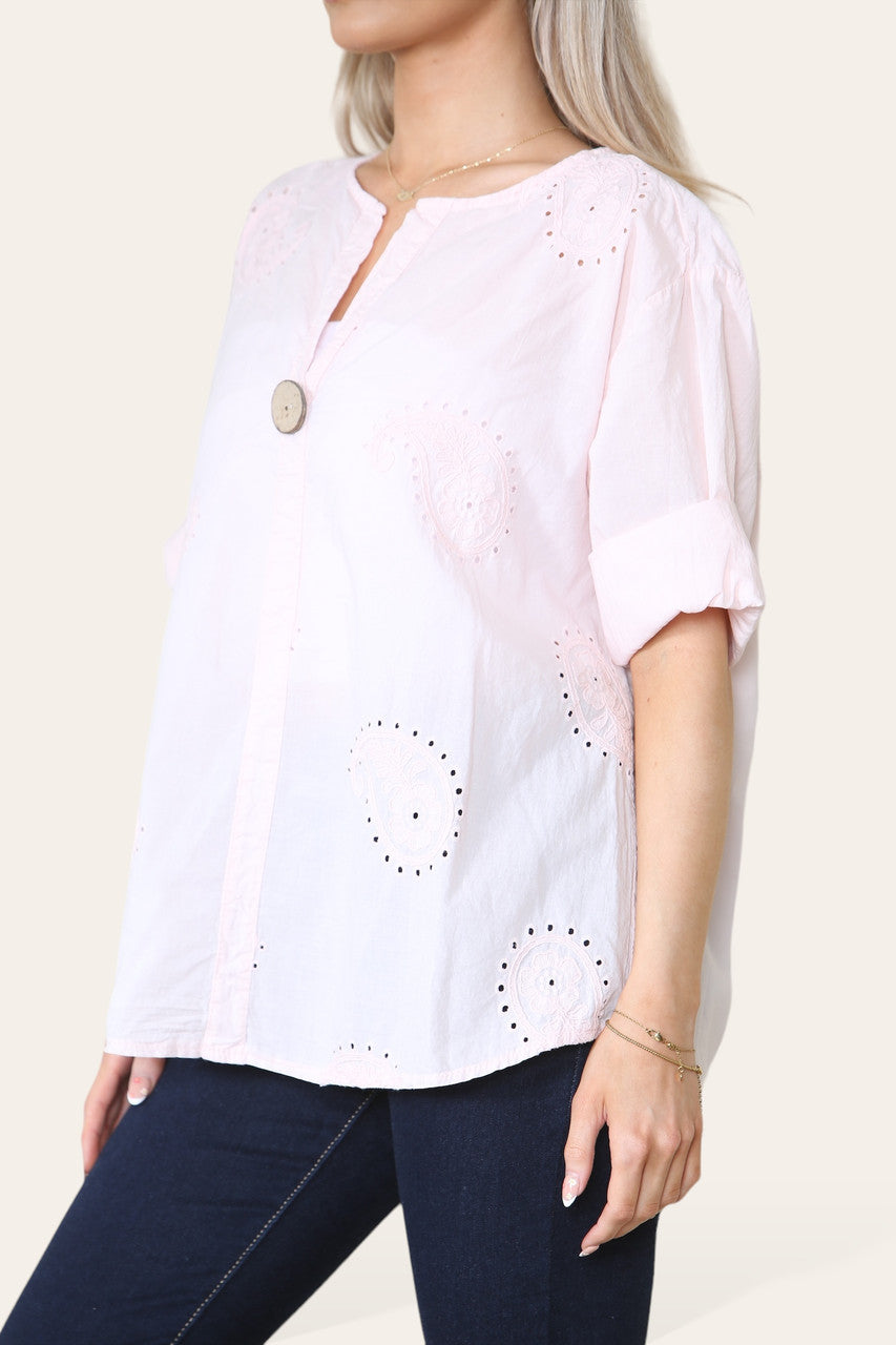 Copy of PAISLEY EMBROIDERD GRANDAD COLLAR BUTTON FRONT TOP LIGHT PINK