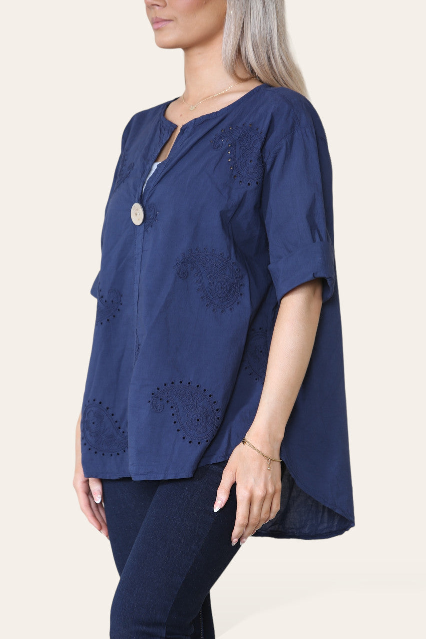 Kopie van PAISLEY GEBORDUURDE GROOTVADERKRAAG TOP MET KNOPENSLUITING MARINE
