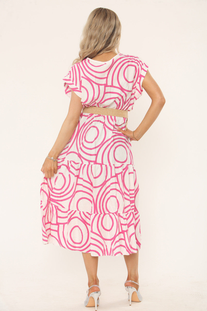 GEOMETRISCHE PRINT MIDI JURK - FUCHSIA/WIT