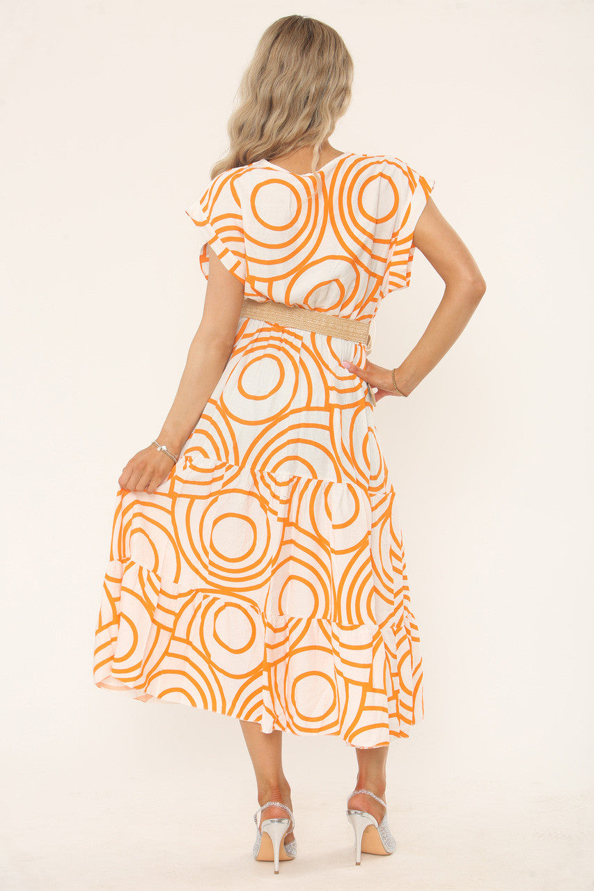 GEOMETRIC PRINT MIDI DRESS - ORANGE/WHITE