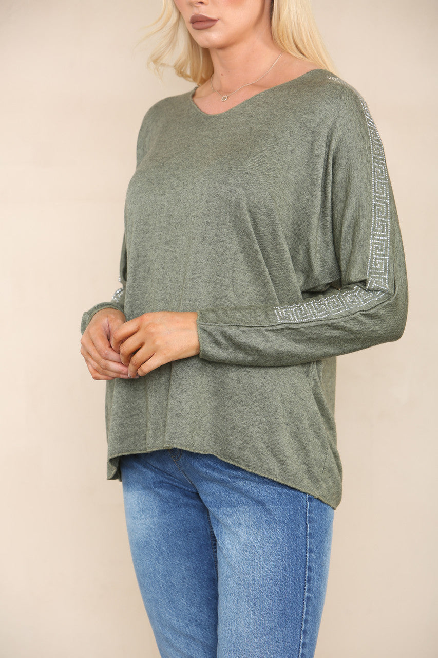 SEQUIN SHOULDER DETAIL FINE KNIT JUMPER KHAKI