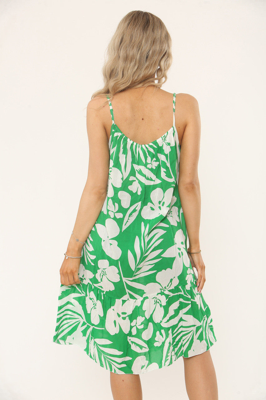 TROPISCHE JURK MET SPAGHETTIBANDJES MET BLADERENPRINT - GROEN