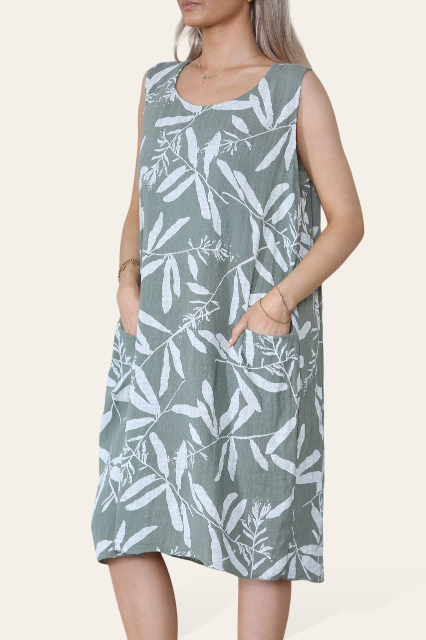 BLAD SCHADUW PRINT MOUWLOZE JURK KAKI