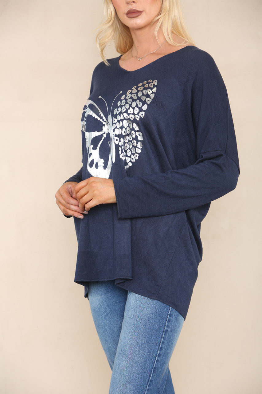 FOIL BUTTERFLY FINE KNIT JUMPER NAVY