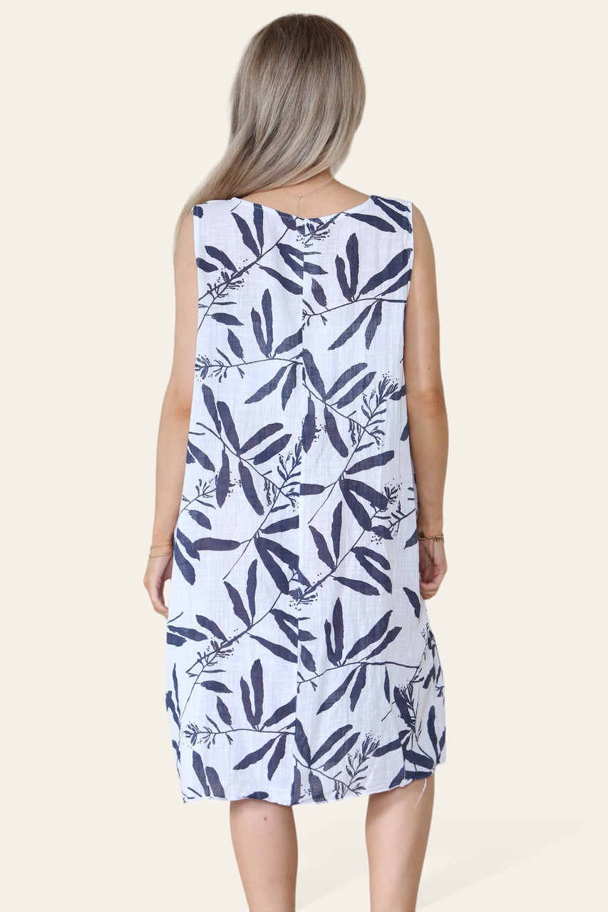 WITTE MOUWLOZE JURK MET BLADSCHADUWPRINT