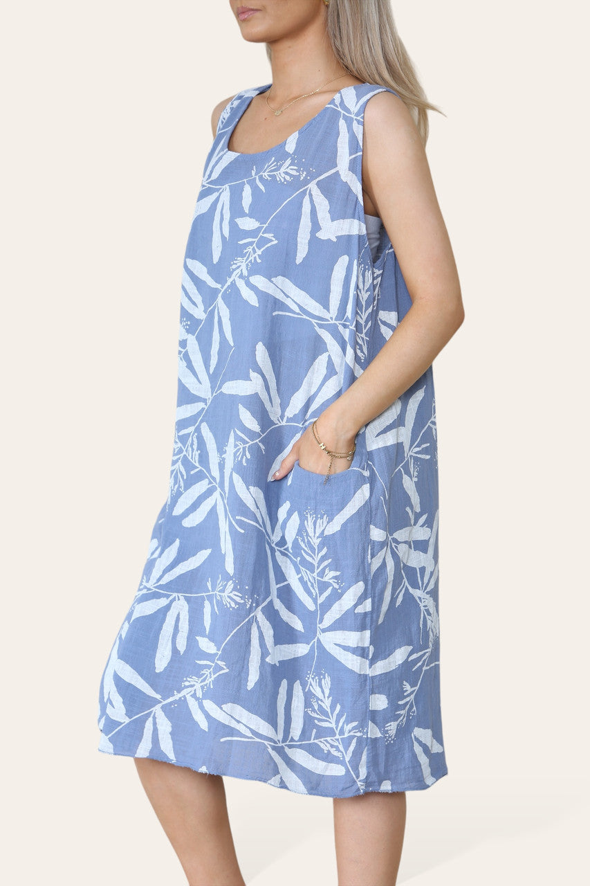 BLAD SCHADUW PRINT MOUWLOZE JURK DENIM