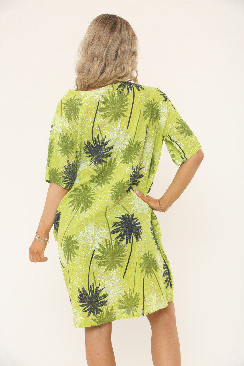 PALM PRINT RELAXED FIT DRESS - CHARTREUSE