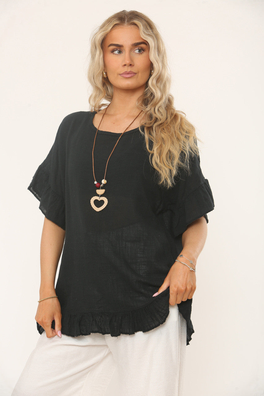 TOP MET RUFFLE MOUW EN ZOOM MET TEXTUUR - ZWART