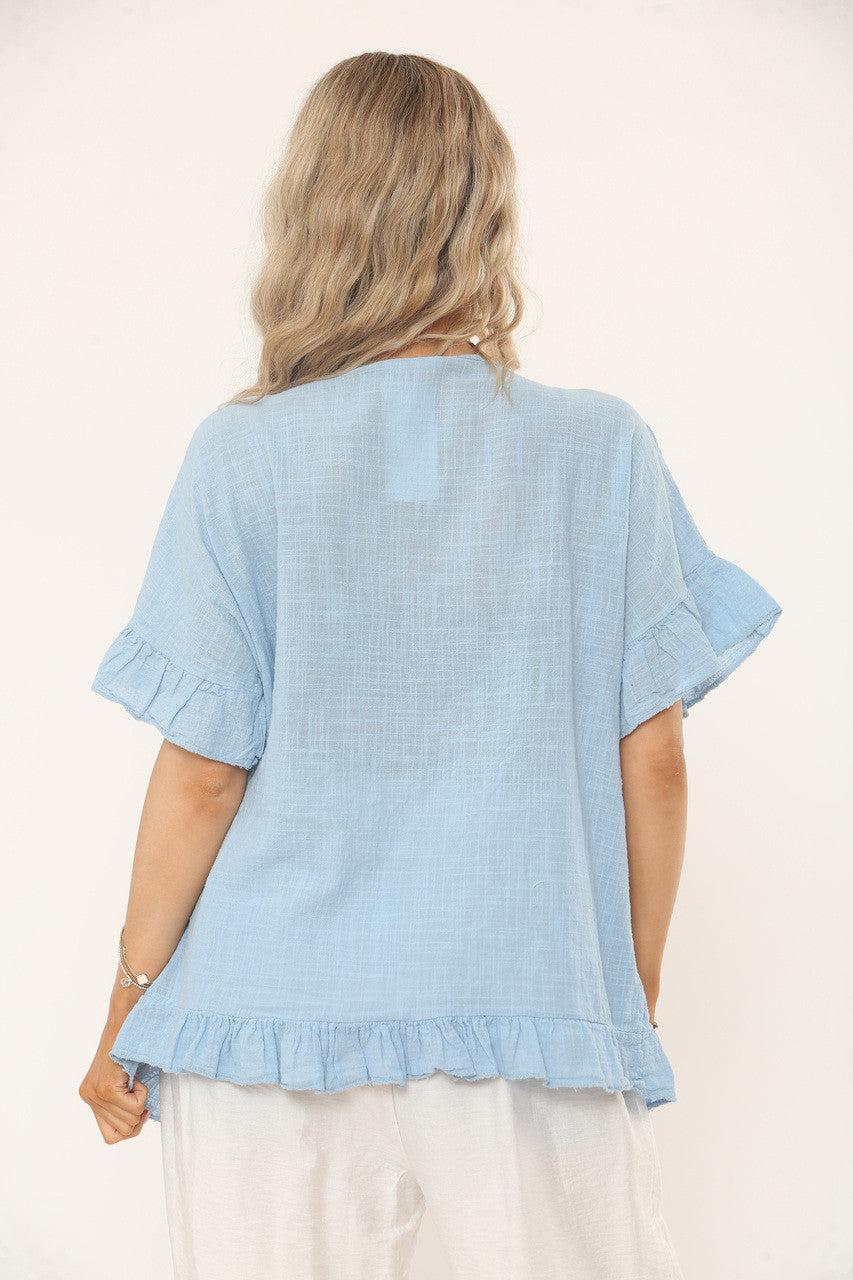 TOP MET RUFFLE MOUWEN EN ONDERKANT MET TEXTUUR - LICHTBLAUW