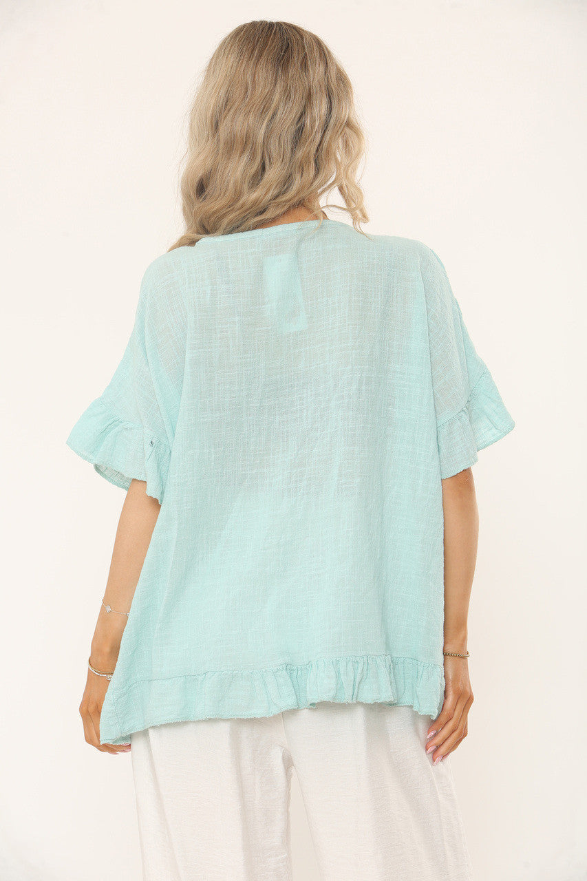 TOP MET RUFFLEMOUW EN -ZOOM MET TEXTUUR - MINTGROEN