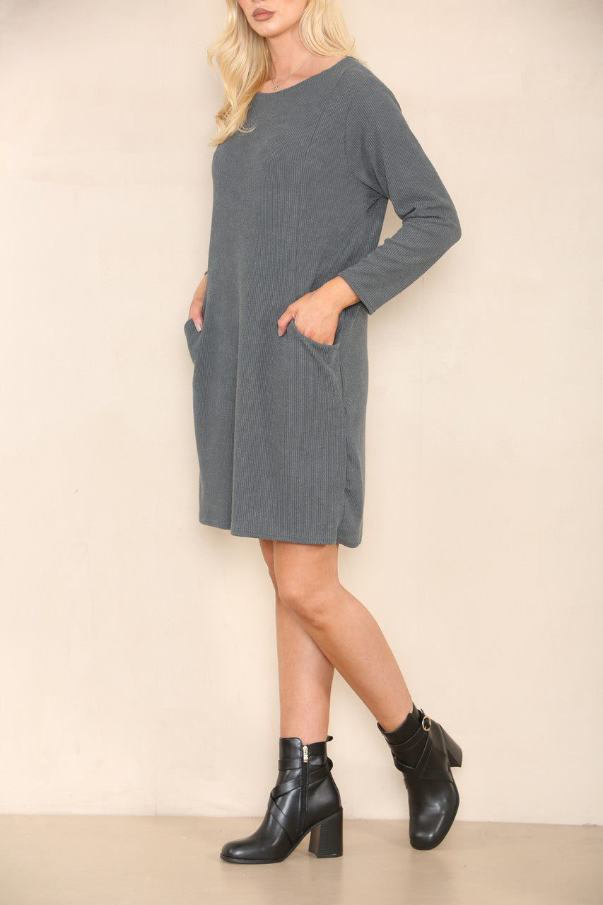 RIBBED DRESS WITH POCKETS CHARCOAL