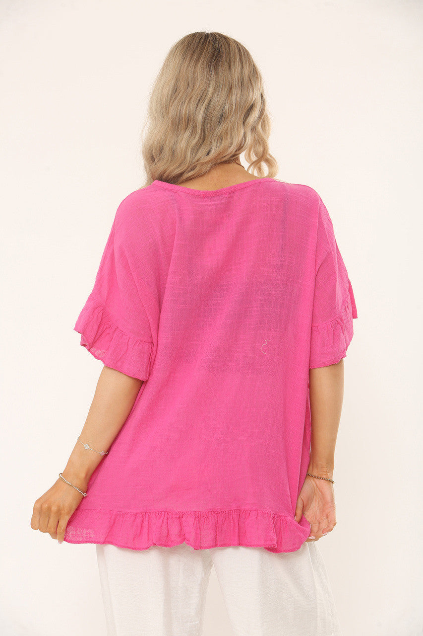 RUFFLE SLEEVE & HEM TEXTURED TOP - CERISE PINK