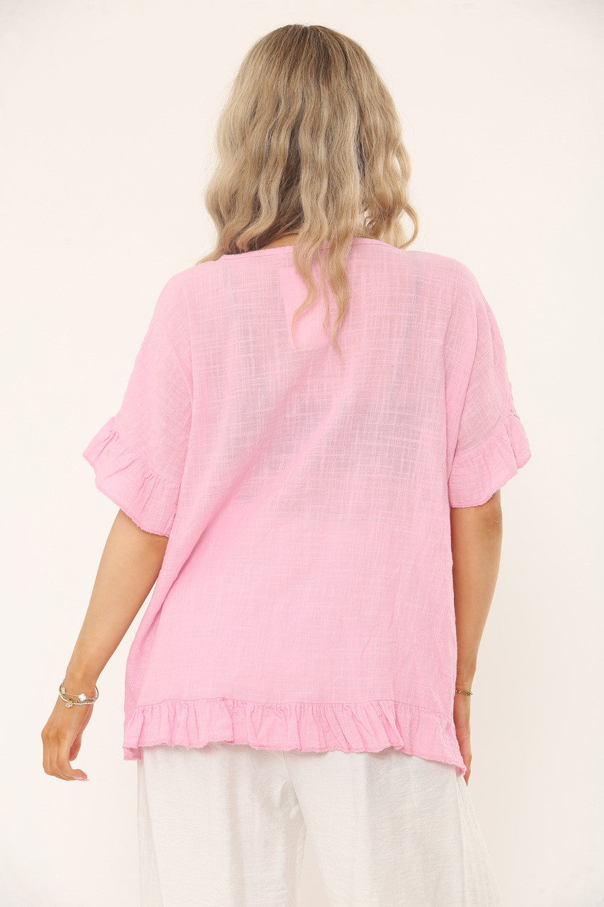 TOP MET RUFFLE MOUW EN ZOOM MET TEXTUUR - CANDY ROZE