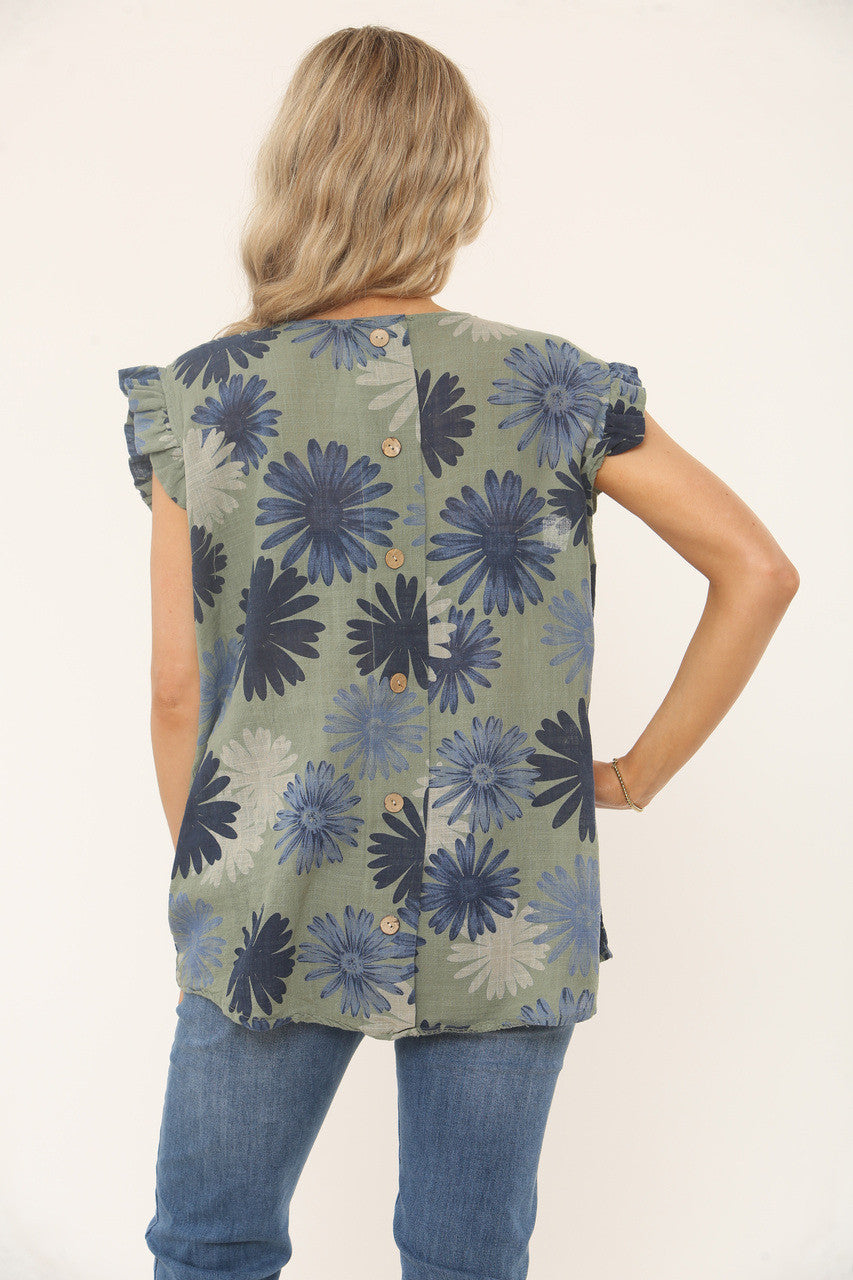 FLORAL PRINT RUFFLED SLEEVE TOP - KHAKI