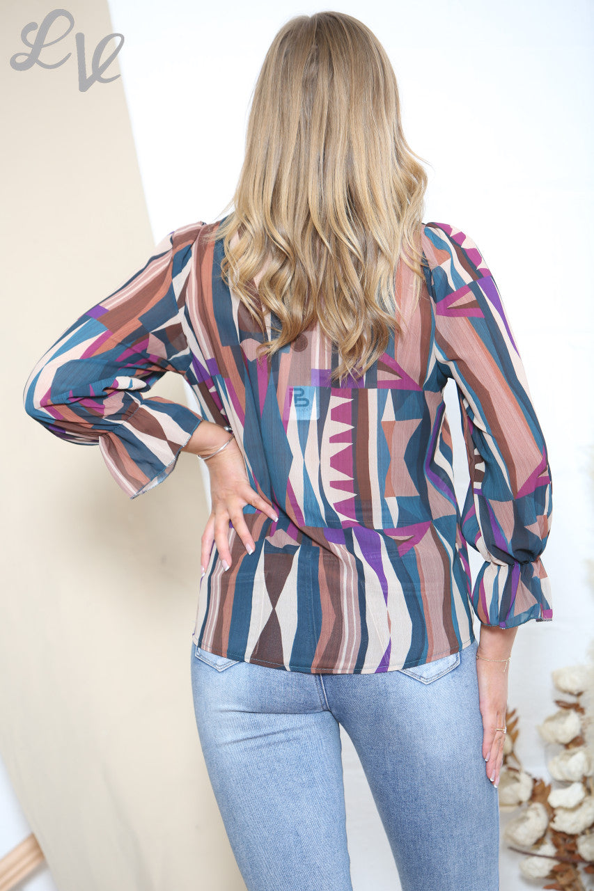 Ladies Geometric Print Blouse Teal
