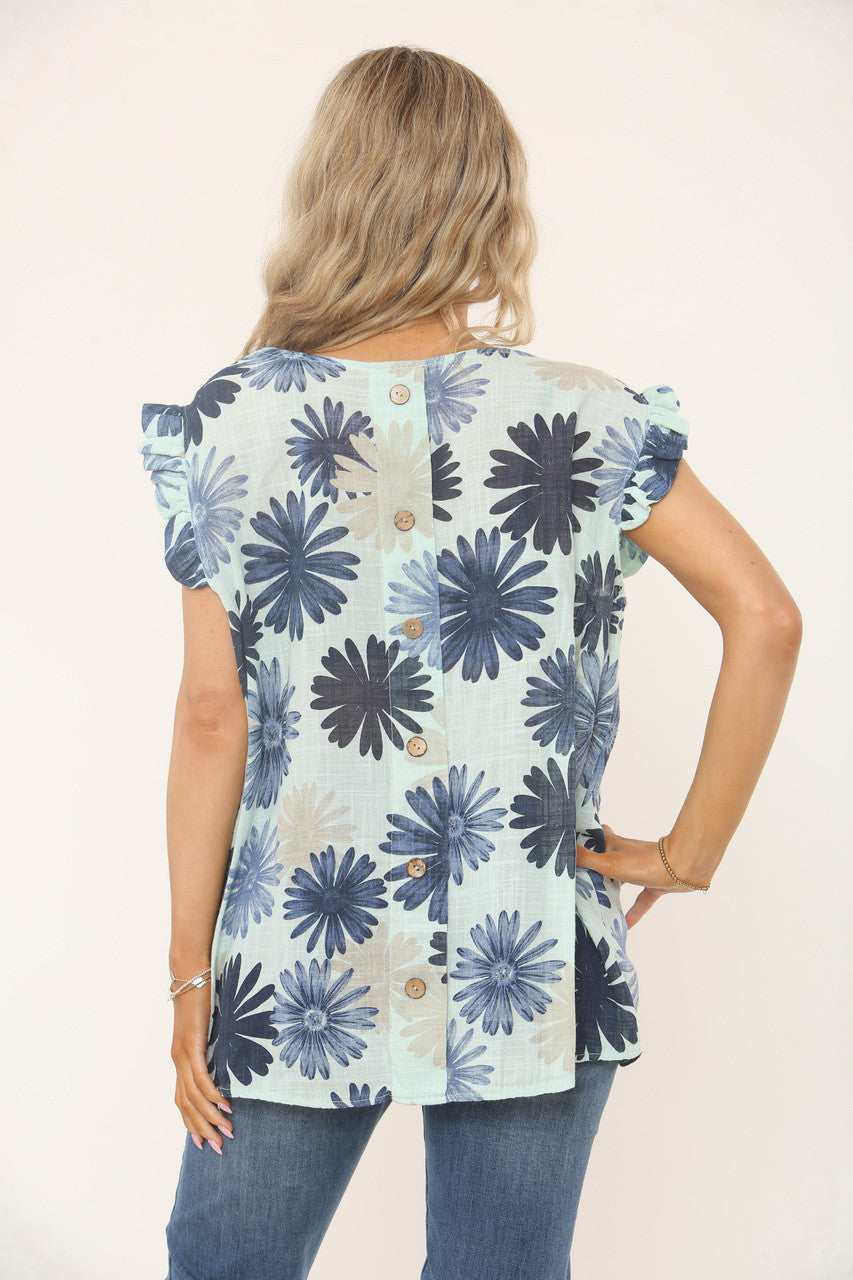 TOP MET BLOEMENPRINT EN GEFRUMMELDE MOUWEN - MINT
