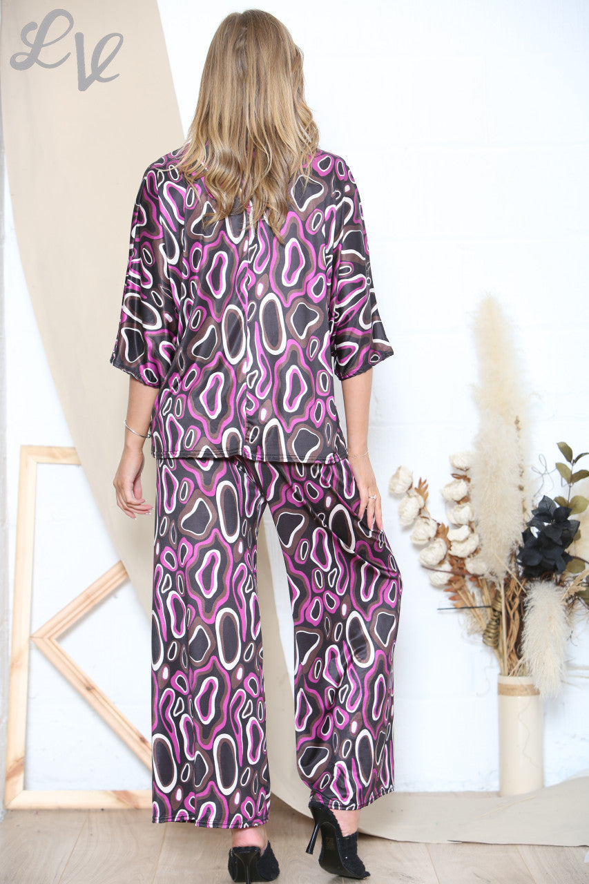 Ladies Circle Swirls Abstract Top & Trouser Set Purple