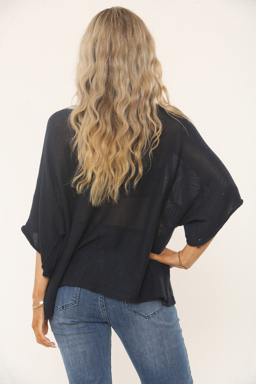KNITTED BATWING SLEEVE TOP - NAVY