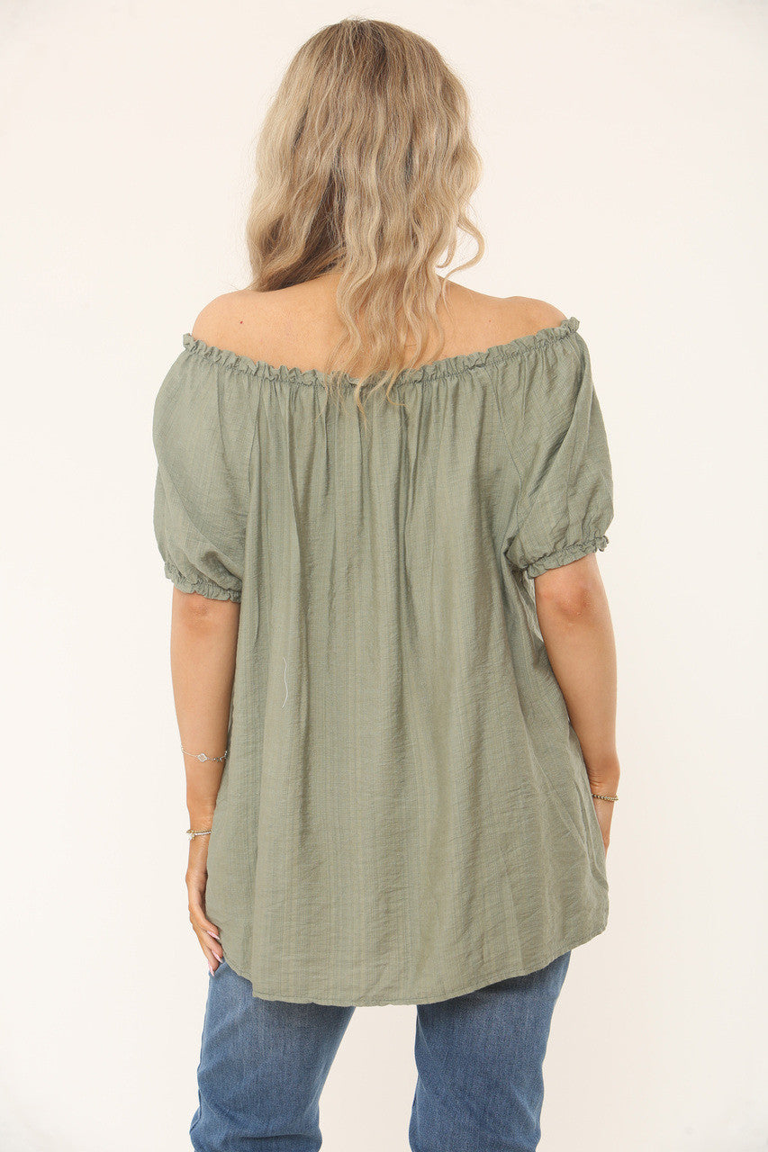 BARDOT TOP MET TEXTUUR - OLIJFGROEN