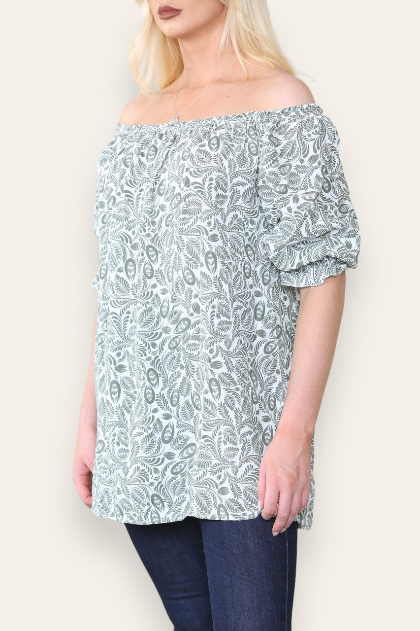 DITSY LEAF PRINT BARDOT BLOUSE TOP KHAKI