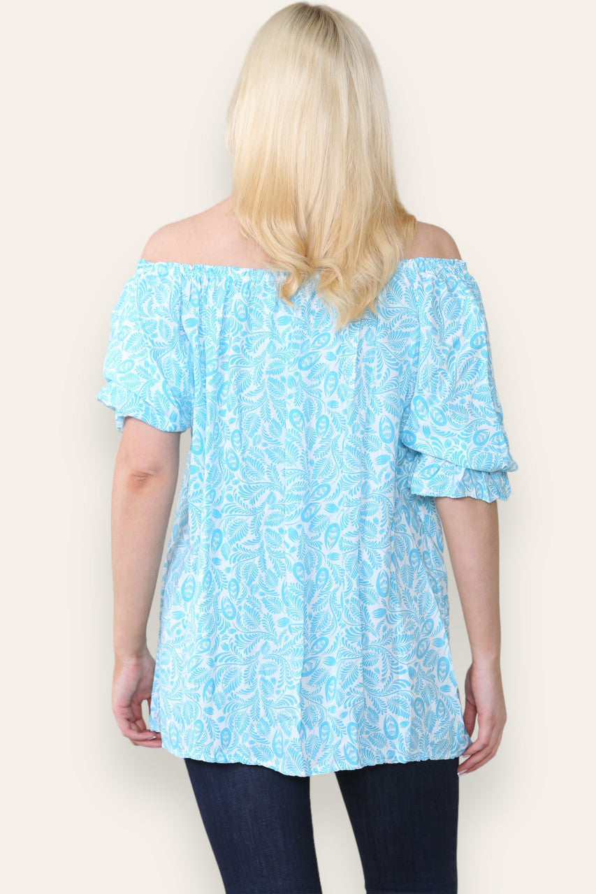 DITSY LEAF PRINT BARDOT BLOUSE TOP TURQUOISE