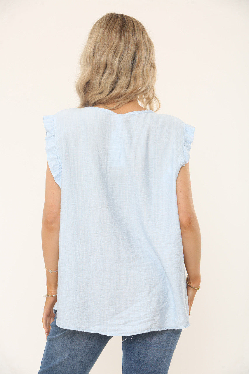 RUFFLE SLEEVE TEXTURED TOP - BABY BLUE