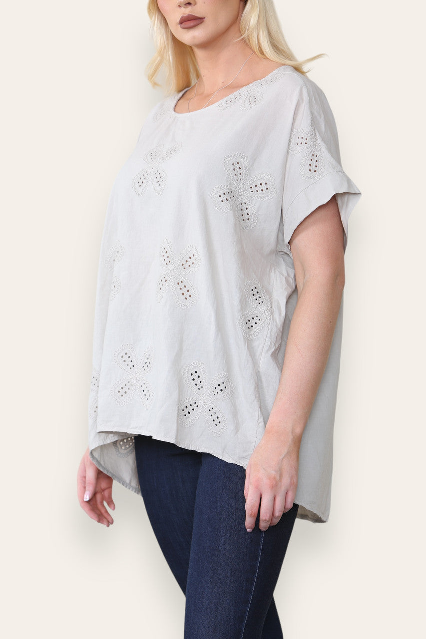 BRODERIE ANGLAISE T SHIRT STYLE TOP STONE
