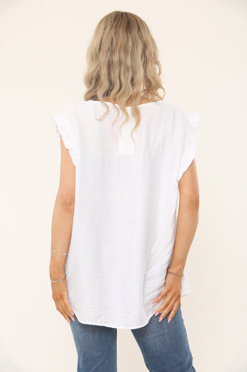 RUFFLE SLEEVE TEXTURED TOP - WHITE