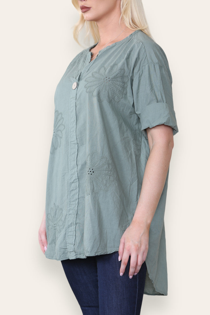 BRODERIE ANGLAISE SHIRT TOP MET INSNIJDING IN DE HALS KHAKI