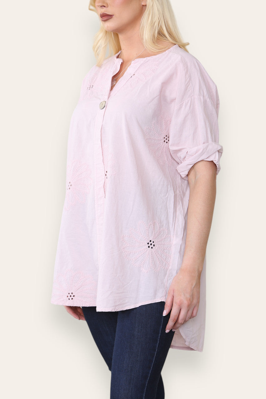 BRODERIE ANGLAISE NOTCH NECK SHIRT TOP DUSTY PINK
