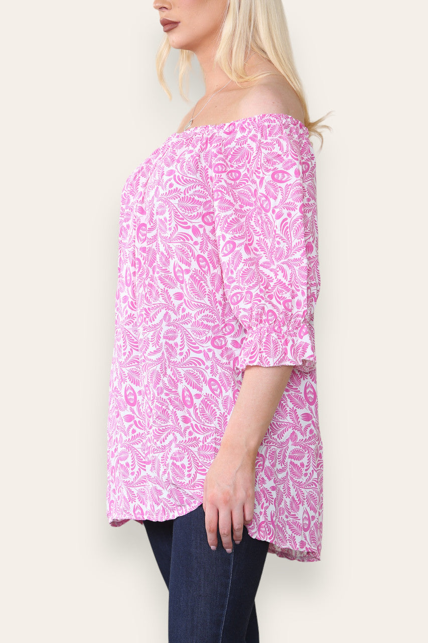DITSY LEAF PRINT BARDOT BLOUSE TOP CERISE