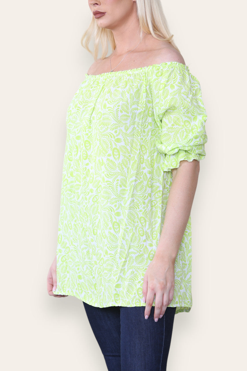DITSY LEAF PRINT BARDOT BLOUSE TOP LIME
