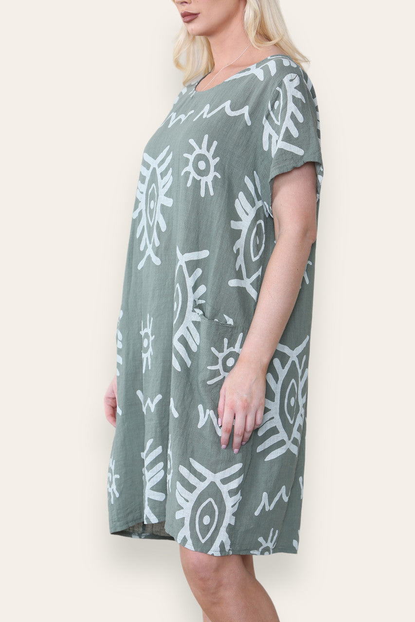 TRIBAL MIX PRINT MIDI DRESS KHAKI