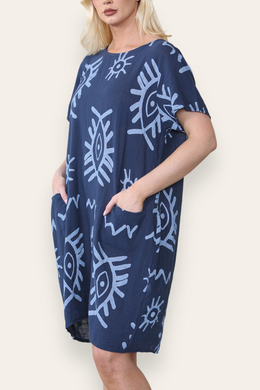 TRIBALE MIDI JURK MET GEMENGDE PRINT NAVY
