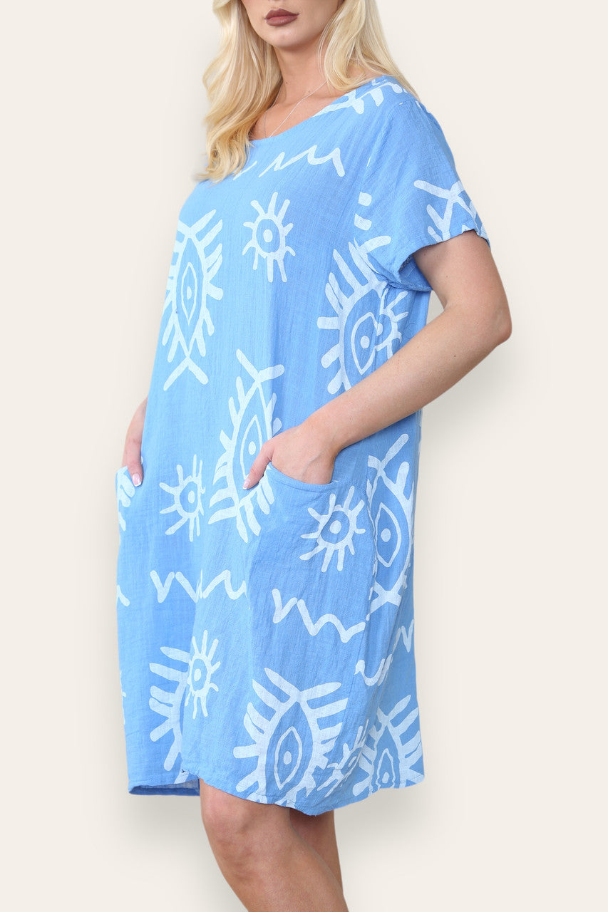 TRIBAL MIX PRINT MIDI DRESS BLUE