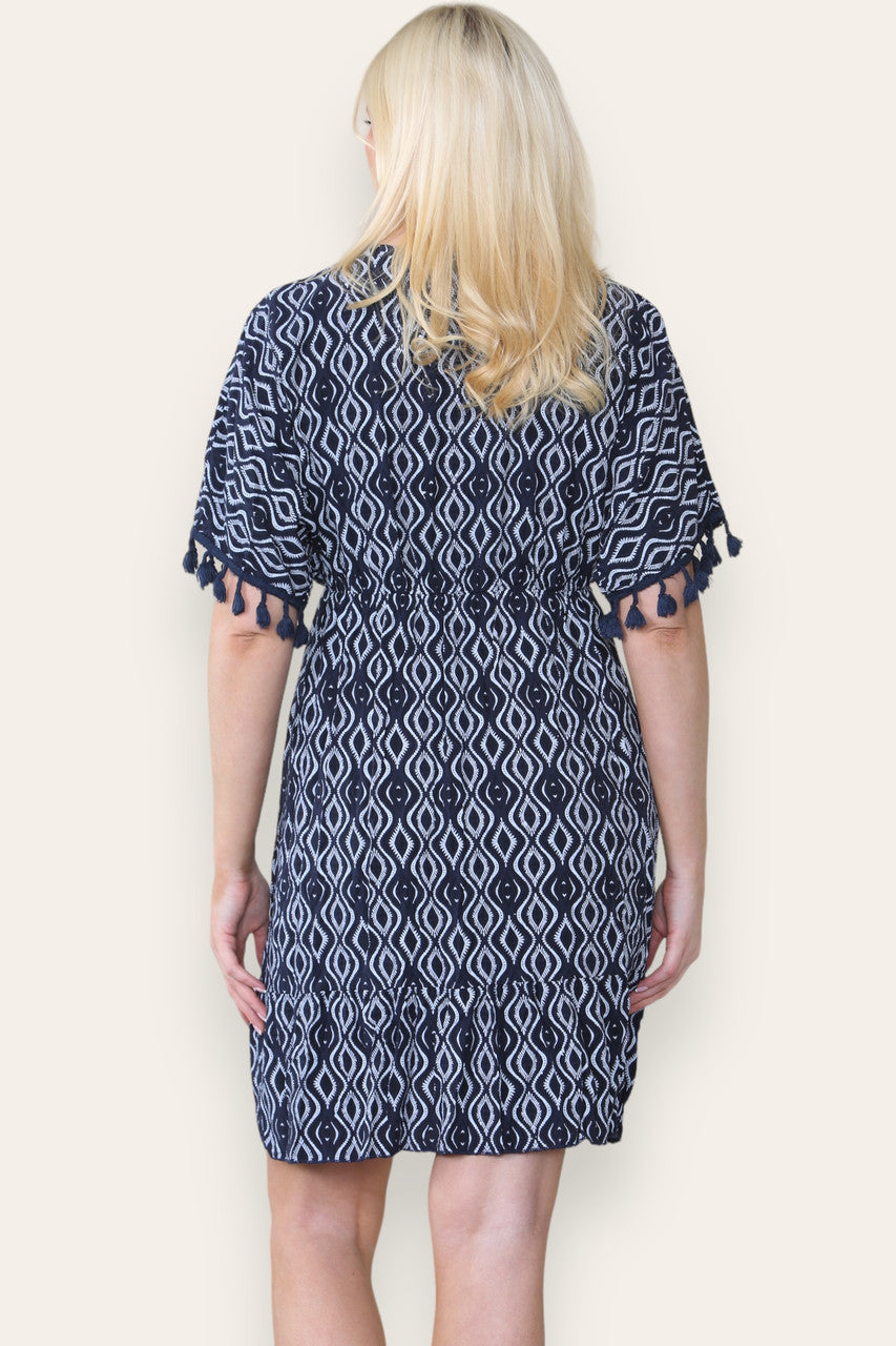 AZTEC ROPE TASSEL DETAIL MIDI DRESS NAVY