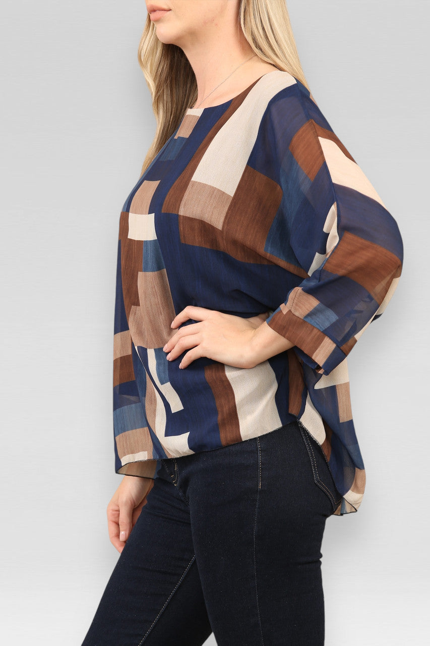 BLOUSE MET ABSTRACTE VIERKANTENPRINT NAVY