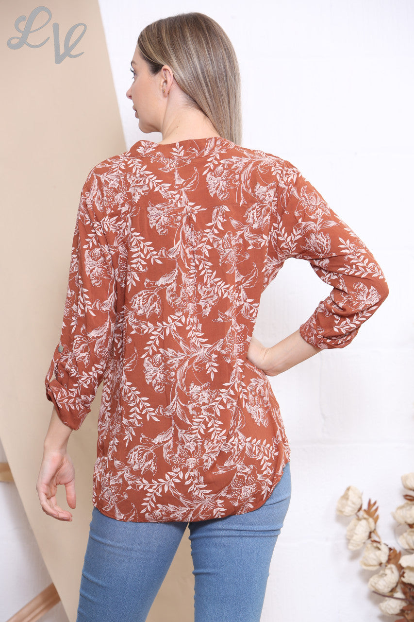 Ladies Floral Outline Print Shirt Blouse Top Rust