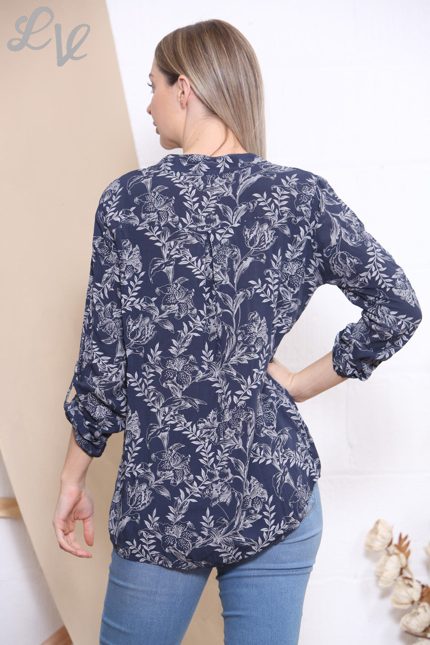 Dames Bloemen Outline Print Overhemd Blouse Top Navy