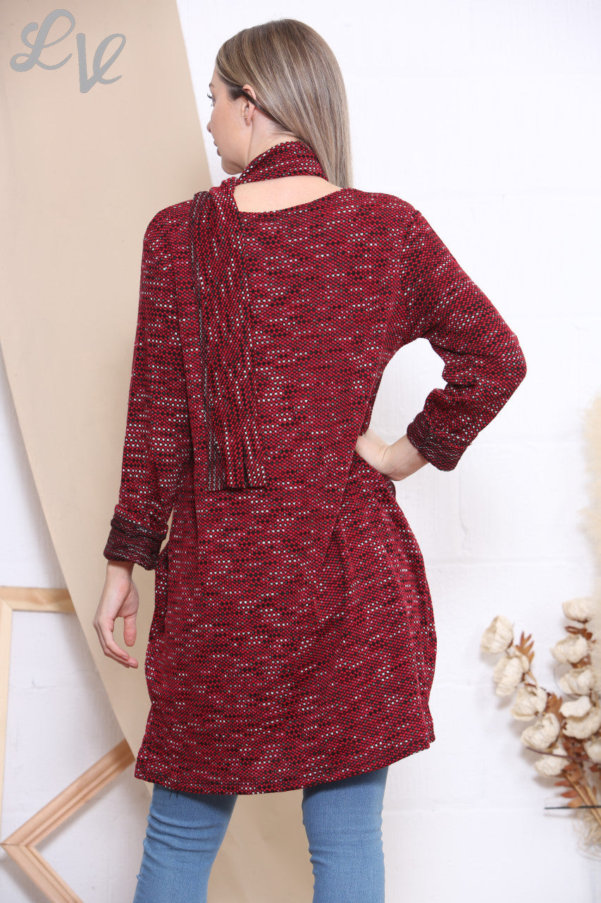 Ladies Knitted Fleck Tunic Jumper Dress With Scarf Red